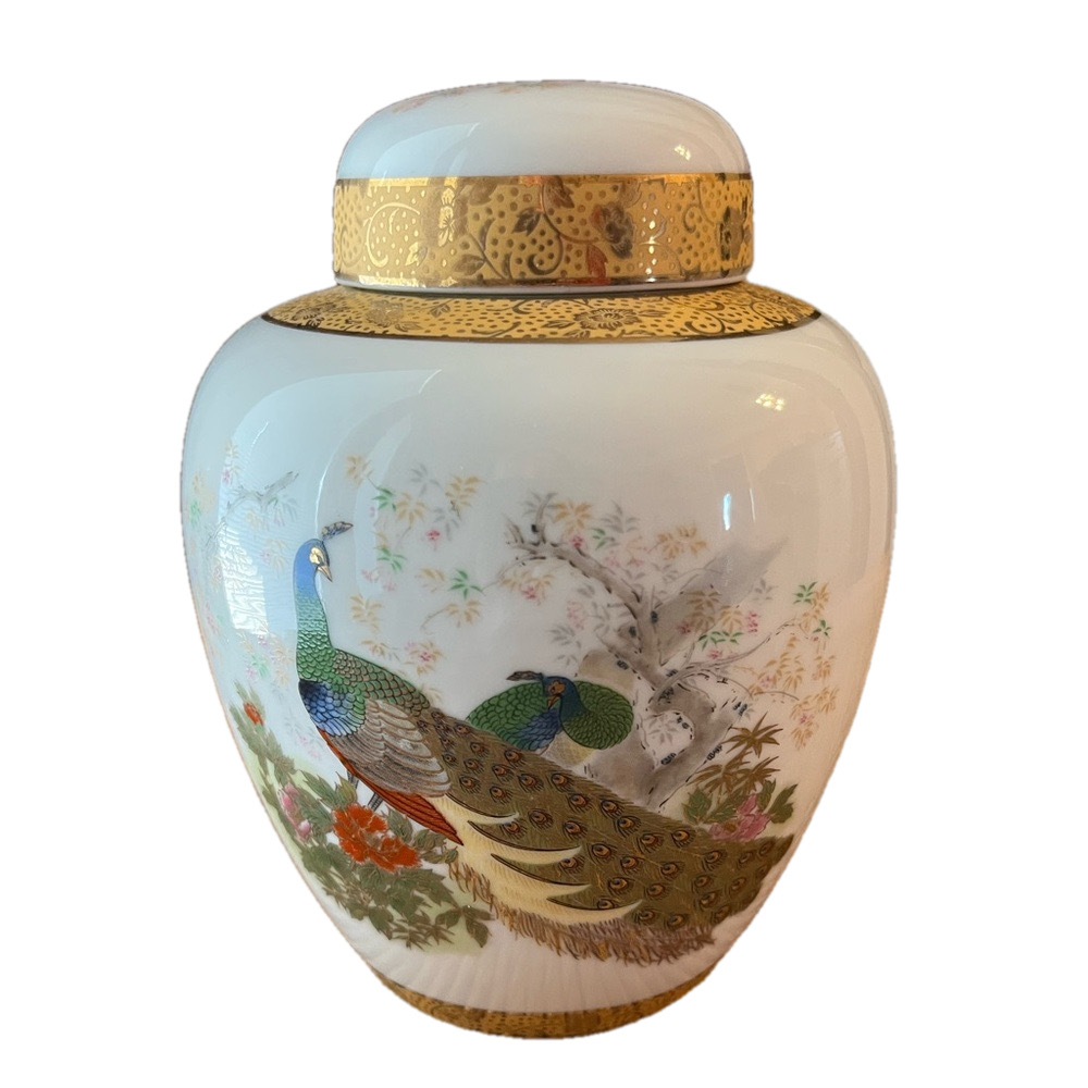 Vintage Japanese White Porcelain Gold Banded Ginger Jar Peacocks Cherry Blossoms